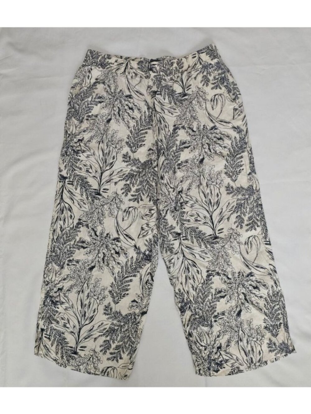 Tahari Black Leaf Print 100% Linen Elastic Waistband Wide Leg Crop Pants Size XL - Picture 11 of 12